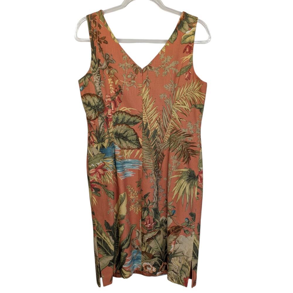 Talbots 12P Orange Tropical Palm Print Hawaaiin Sheath Dress V Neck Seed Beading - Picture 2 of 13